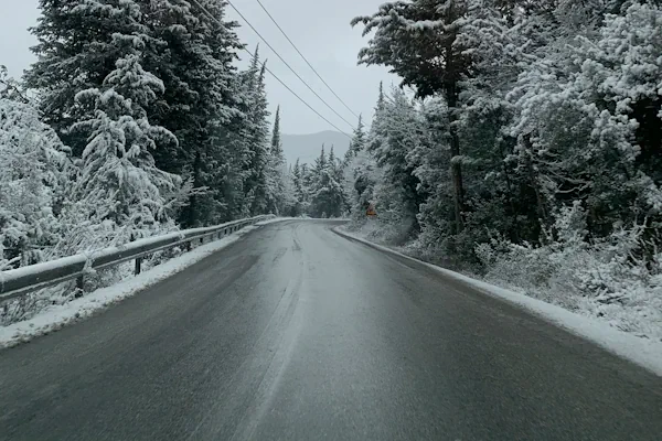 mikor váltsunk téli gumira - csúszós út, havas fenyők között